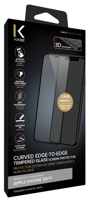Protection d'écran en verre trempé Bord à Bord Incurvé pour Apple iPhone XR/11, Black
