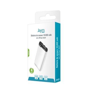 Jaym - Batterie de secours 10.000 mAh premium avec affichage digital - 2 USB-A OUT + 1 USB-C IN / OUT - Blanche