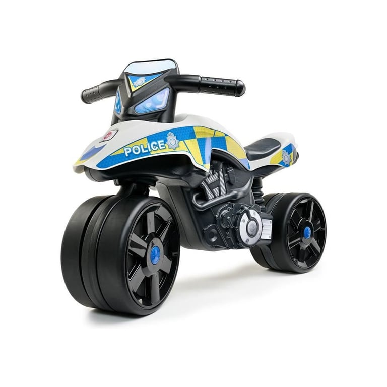 Draisienne Moto FALK Police - Grandes roues, Guidon directionnel, Siège 33 cm, Blanc/Noir/Bleu/Jaune - Neuf