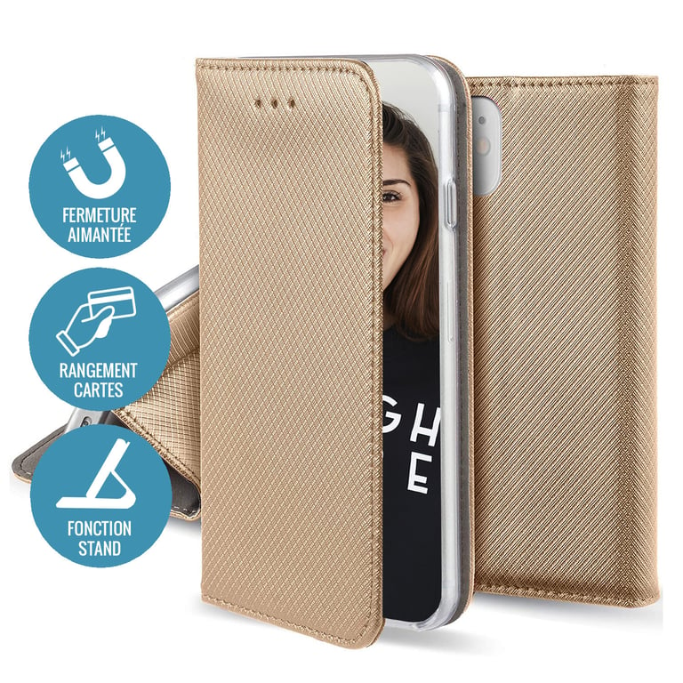 JAYM - Etui Folio Or pour Samsung Galaxy A13 5G ? Fermeture Magnetique ? Fonction cinéma Stand ? Rangement cartes inclus