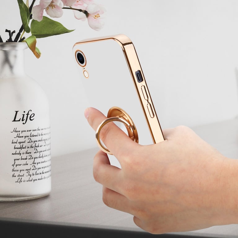 Coque pour Apple iPhone XR en Glossy Blanc - Or avec anneau Housse de  protection Étui en silicone TPU flexible, avec protection pour appareil  photo et support voiture magnétique - Cadorabo