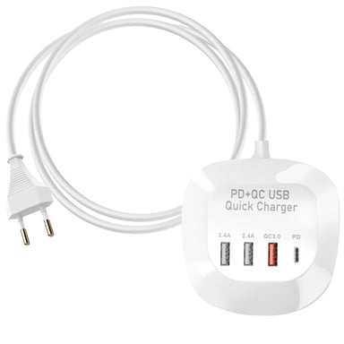 Mini Station de Charge Multiport 3 USB + USB-C Compact Câble 1m Blanc