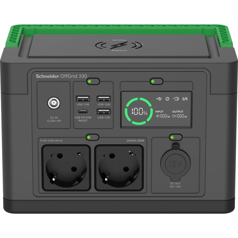 Schneider OffGrid 330 Centrale électrique portable LCD lithium ion 2 prises schuko CEE 73 onde sinusoïdale 3 USB A 1 USB C chargeur sans fil CA 230 V 330 Watt Lithium Ion 332... - vue 2