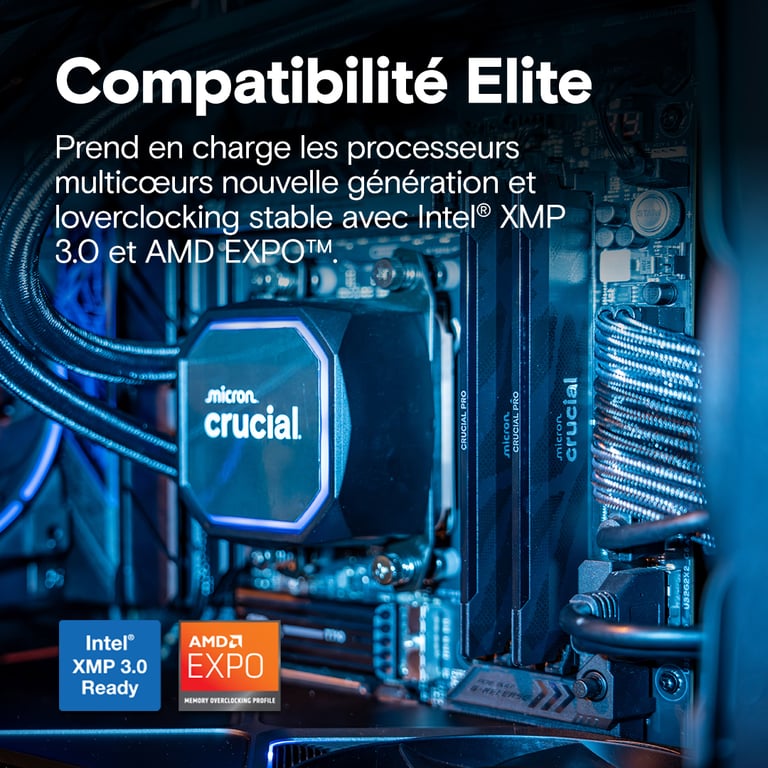 Kit mémoire gamer CRUCIAL Pro OC CP2K16G64C32U5B 64 Go 2x 32 Go DDR5 6400 UDIMM CL32 avec dissipateur thermique - vue 2