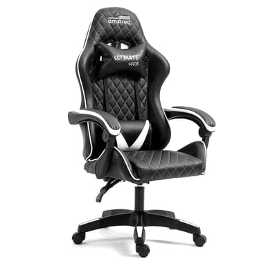 Amstrad ULTIMATE-BK-ICE Fauteuil / Chaise de bureau Gamer coloris noir & blanche - coussin lombaire & appuie tête