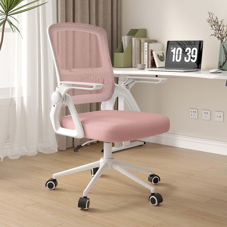 Sedia girevole per computer con bracciolo ribaltabile a 90° e supporto lombare per casa/ufficio - Rosa - Nuevo