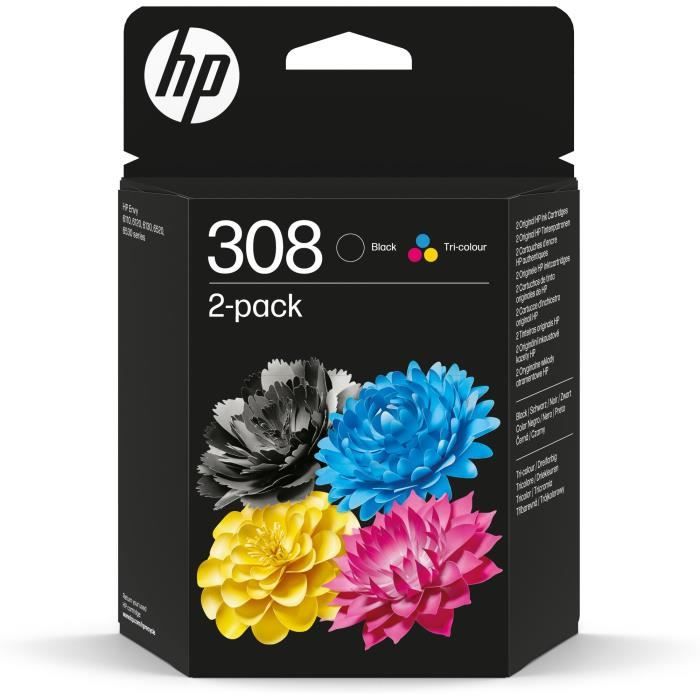 Pack de 2 cartouches d'encre HP 308 authentiques noire et tricolore (6L6S6UE) pour HP Envy 6110, 612 - Neuf