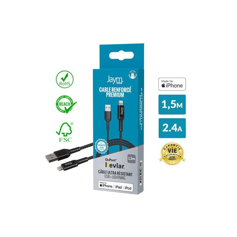 Jaym - Cable Premium 1,5 m - USB-A vers Lightning (Certifié MFI) compatible Apple iPhone, iPad, AirPods, iWatch - Garanti à Vie - Ultra renforcé - Longueur 1,5 mètres