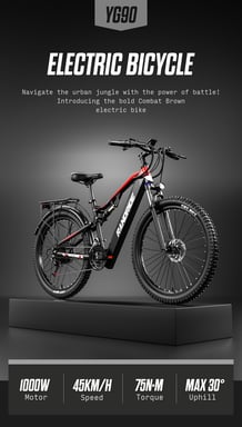 RANDRIDE YG90B Vélo Électrique, Moteur 1000W, Vitesse Max 45km/h, Batterie 48V 17Ah, Autonomie Max 80-90km, Pneus 27.5*2.4'' CST, Charge 120kg