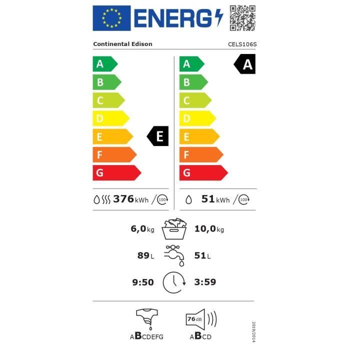 Lave linge séchant CONTINENTAL EDISON CELS106S 10kg / 6kg Moteur induction directe 60 cm 1200 trsmin - vue 3