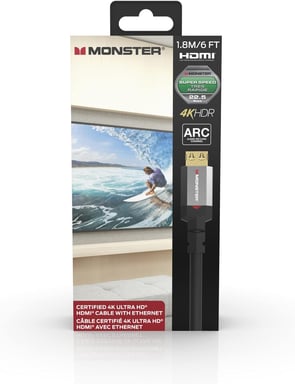 Câble HDMI Monster 1.8M - Résolution 4K - Vidéo HDR - Audio Return Channel - 22,5 GBPS - Vitesse Éclair - Triple Blindage - Homologué UL et CL3