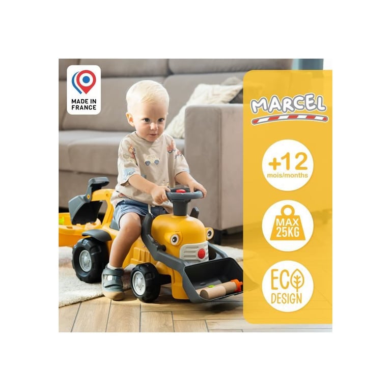 Falk Porteur Chantier Marcel - Pelle frontale excavatrice - Jaune - Fabriqué en France - 90% de plastique recyclé - Dès 12 mois - vue 6