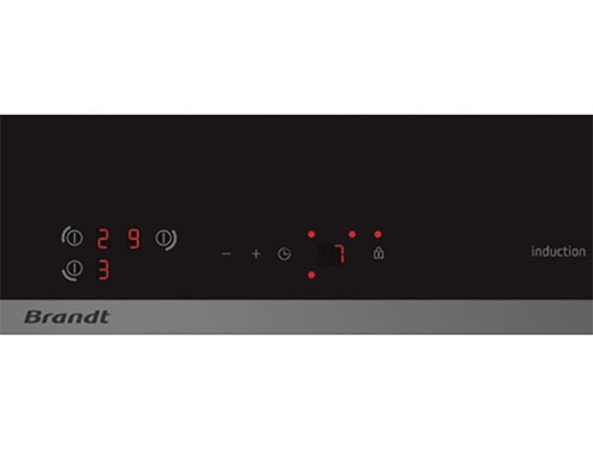 Plaque à induction BRANDT BPI6315B - 3 zones (dont 1x Ø28 cm, 3,6 kW) - 9 niveaux - 3 minuteries - 10 sécurités - commandes sensitives - profil avant argenté - Neuf