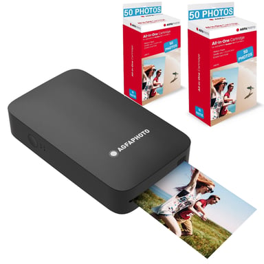 AGFA PHOTO - Pacchetto stampante Realipix Mini P + cartucce e carta AMC per 100 foto - Stampante fotografica formato 5,3 x 8,6 cm via Bluetooth - Sublimazione termica 4Pass - Nero