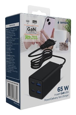Gembird TA-UC-2A2C-PD65-01-BK chargeur d'appareils mobiles Ordinateur portable, Smartphone Noir Secteur Charge rapide Intérieure