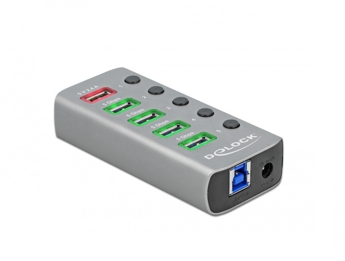 DeLOCK Hub USB 5 Gbps avec 4 ports + 1 port de chargement rapide + 1 port USB C PD 3.0 avec interrupteur et voyant Neuf