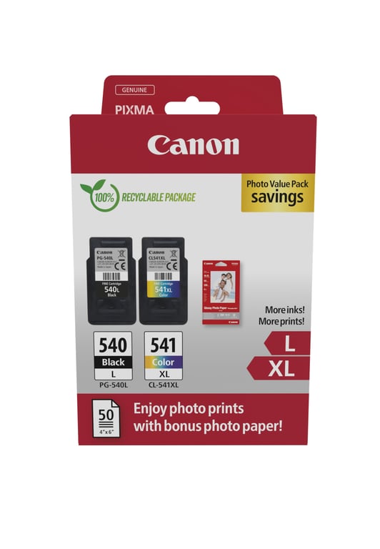 Canon PG540L Noir + CL541XL Couleur Pack de 2 Cartouches d'encre - 50 Feuilles de Papier Photo - 522 - Neuf