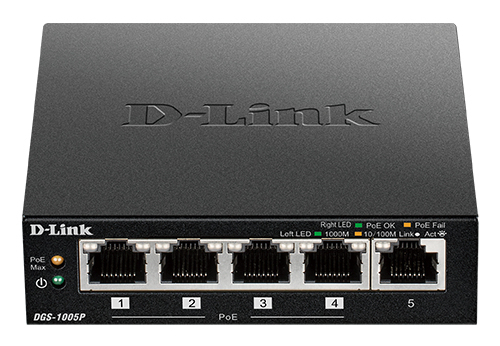 D-Link DGS-1005P/E commutateur réseau Non-géré Gigabit Ethernet (10/100/1000) Connexion Ethernet, supportant l'alimentation via ce port (PoE) Noir