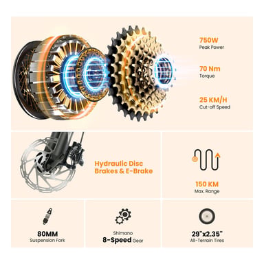 Vélo Électrique Touroll U2 Pro, Moteur Pic 750W 70Nm, Batterie 48V 15Ah, Autonomie 150km, Freins à Disque Hydrauliques, Shimano 8 Vitesses, Pneus 29×2,35'', Fourche 80mm, Écran LED, Feux Avant/Arrière