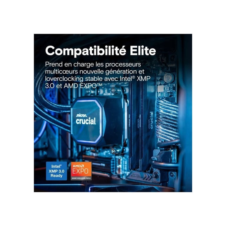 Mémoire gamer CRUCIAL Pro OC CP16G64C32U5B 32 Go DDR5 6400 UDIMM CL32 avec dissipateur thermique - vue 3