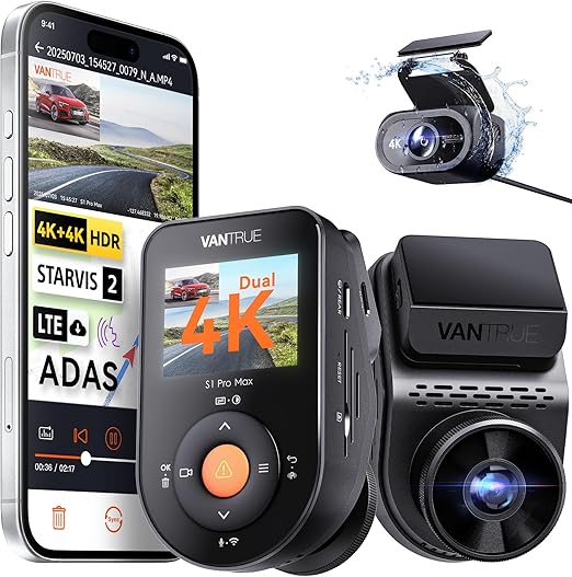 Vantrue S1 Pro Max dashcam avant et arrière 4K+4K + double caméra embarquée avec vision nocturne Starvis2 HDR PlatePix WiFi 5 GHz GPS LTE en option Neuf