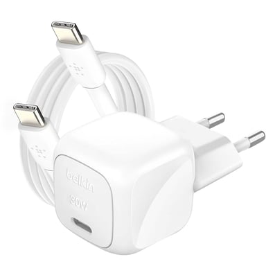Pack Chargeur Secteur Rapide USB-C 30W Power Delivery et PPS avec Câble USB-C 1m Blanc