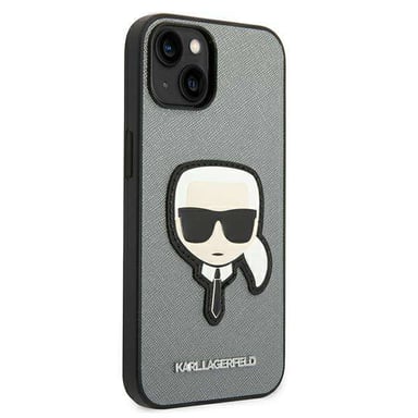 Funda Karl Lagerfeld para iPhone 14 Plus 6.7'' Funda rígida plateada Saffiano Karl`s Head Patch