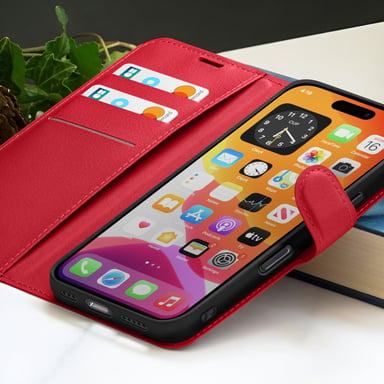Custodia a portafoglio per iPhone 16 con supporto e linguetta magnetica