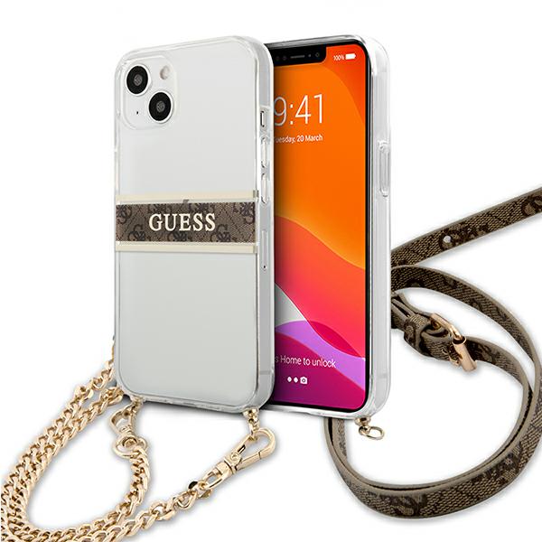 Guess Étui pour iPhone 13 mini, lanière marron et chaîne