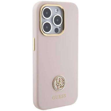 Custodia Guess per iPhone 15 Pro 6.1'' rosa Custodia rigida in silicone Logo Strass 4G