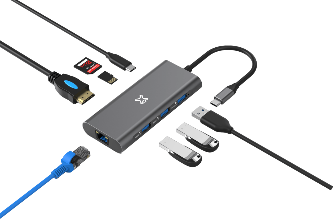 HUB TYPE-C - 8 PORTS Ethernet, HDMI, cartes SD/MSD, USB-C PD 100W, 3* USB 3.0