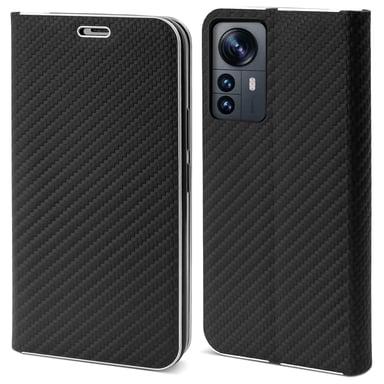 Moozy Étui Portefeuille pour Xiaomi 12 Pro, Noir Carbone - Étui à Rabat avec Bordure Métallique, Fermeture Magnétique, Flip Cover avec Porte-Cartes et Fonction Béquille