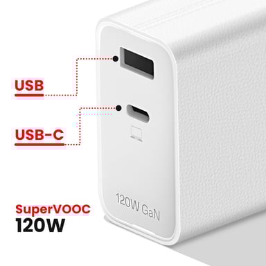 Chargeur OnePlus SUPERVOOC 120 W Chargeur USB-C à double port à charge rapide avec câble Blanc