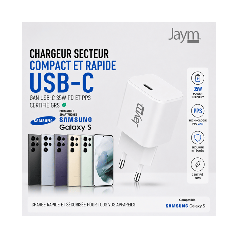 JAYM chargeur type USB C Galaxy S26 S25 S24 S23 S22 S21 S20 Neuf - vue 2