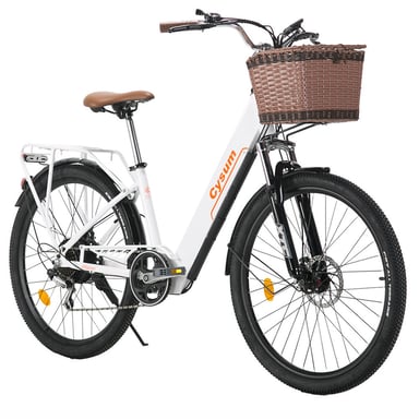 Vélo électrique CYSUM Cityrun avec panier avant, moteur 250 W, batterie 36 V 10 Ah - Blanc