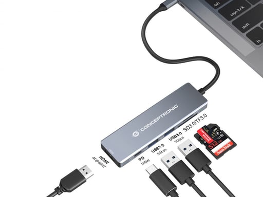 Conceptronic DONN23G base para portátil y replicador de puertos Alámbrico USB 3.2 Gen 1 (3.1 Gen 1) Type-C Gris