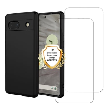 EVETANE Cubierta de silicona líquida para Google Pixel 7A Negro + 2 paneles de vidrio templado Protector de pantalla a prueba de golpes.