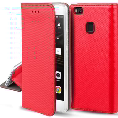 Moozy Case Flip Cover pour Huawei P9 Lite, Rouge - Étui à Rabat Magnétique Intelligent avec Porte-Cartes et Support