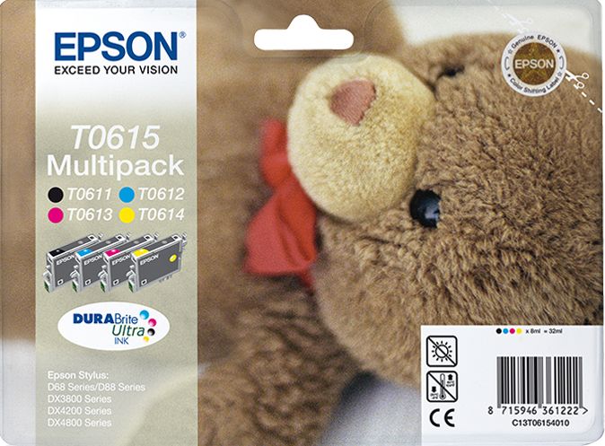 Epson T0615 Multipack Ours en peluche 4 couleurs : Cyan Jaune Cartouches d'encres d'origine D68 D88 DX3800 DX4200 DX4800
