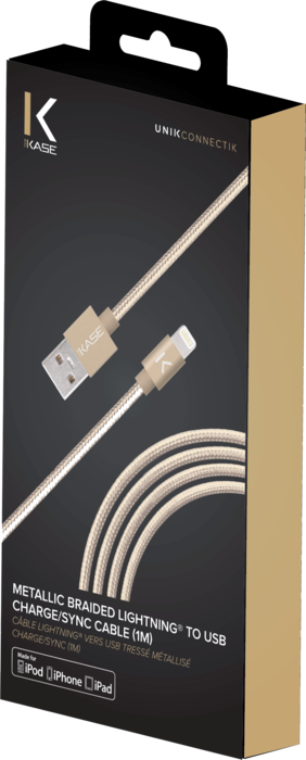 Câble Lightning vers USB tressé métallisé certifié MFi Apple Charge/Sync (1M), Or