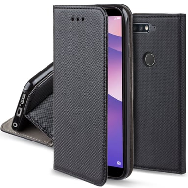 Moozy Case Flip Cover pour Huawei Y7 Prime 2018, Huawei Nova 2 Lite, Noir - Étui à Rabat Magnétique Intelligent avec Porte-Cartes et Support