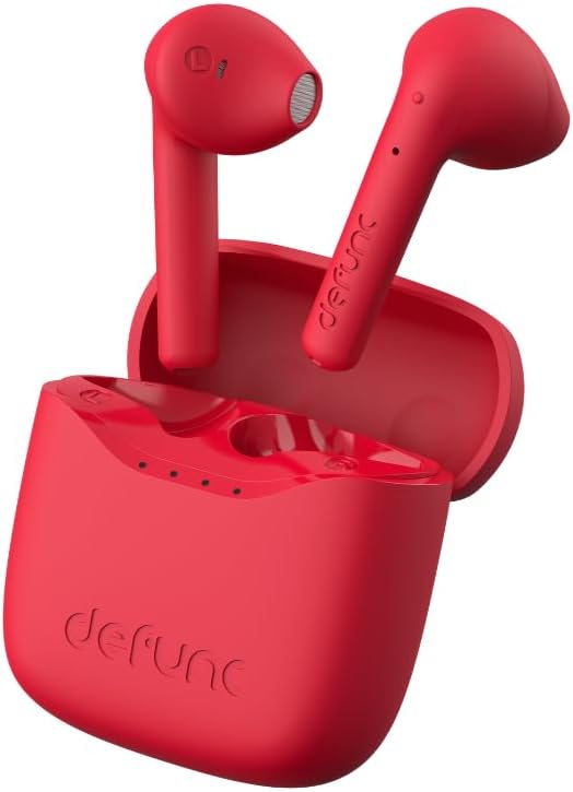 Defunc True Lite Rouge - Écouteur sans Fil Bluetooth 5.3 Hi-FI Son Stéréo, Contrôle Tactile, Microphones Intégrés, 20 Heures Durée de Lecture, USB-C Charge, pour iOS et Android Telephone - Neuf