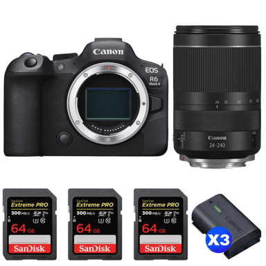 Appareil photo hybride Canon EOS R6 Mark II + RF 24-240mm f/4-6.3 IS USM + 3 SanDisk 64GB Extreme PRO UHS-II + 3 Canon LP-E6NH + Ebook ''20 astuces pour des images qui claquent''