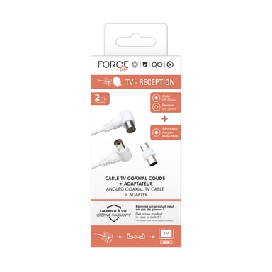 Force Power Cable coaxial TV 9.52mm acodado Macho/Hembra 2m con Adaptador Macho/Macho Blanco