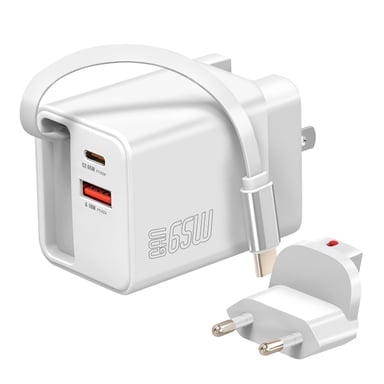 Chargeur de Voyage 3-en 1 GaN 65W avec Cable Intégré Double Port USB-C et USB Blanc