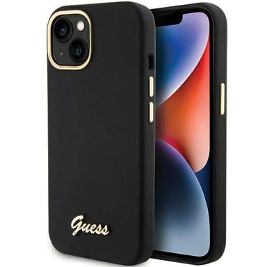 Custodia Guess per iPhone 15 6.1'' nero Custodia rigida in silicone Script Metal Logo & Frame