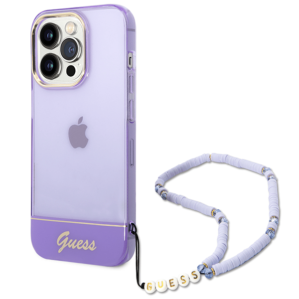 Guess iPhone 14 Pro Coque Translucide avec Sangle Perlée Amovible