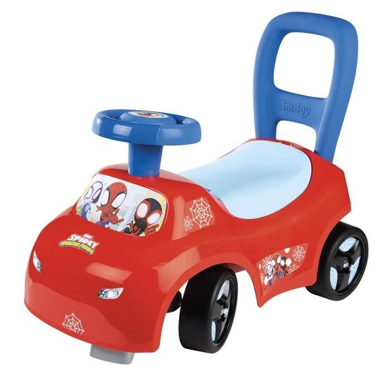 Porter et trotteur 2 en 1 SMOBY Spidey avec klaxon, volant directionnel, coffre sous la selle, 4 roues Rouge - Neuf