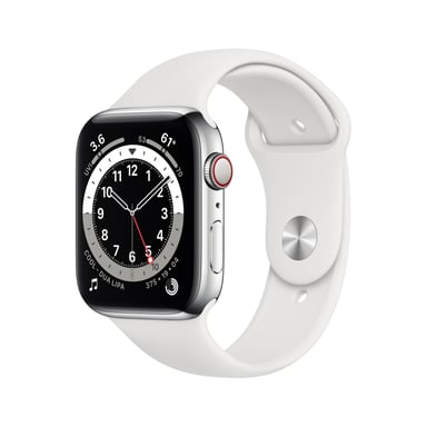 Watch Series 6 (GPS + Cellular), Boîtier en Acier Inoxydable Argent de 44mm, Bracelet Sport Blanc