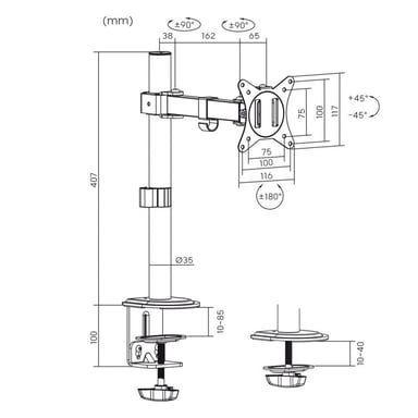 Maclean Support de bureau pour moniteur LCD, bras simple, VESA 75x75 et 100x100, 17-32``, 9kg, MC-572N